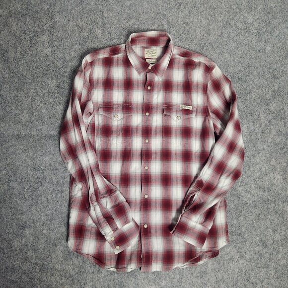 Lucky Brand Western Pearl Snap Shirt Men M Red White Scotch Plaid Long Sleeve - Picture 1 of 10